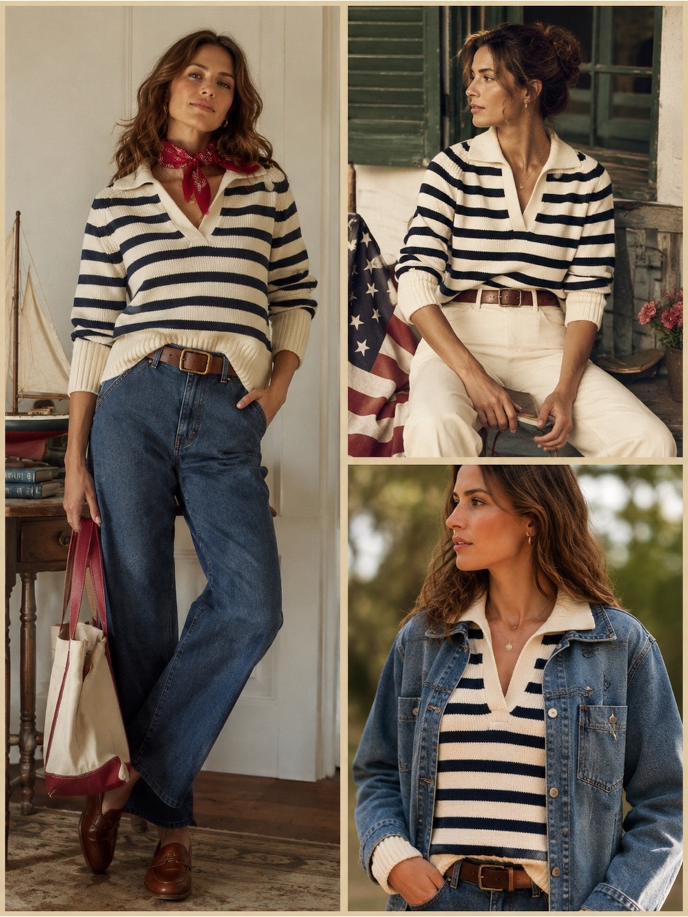 Abercrombie & Fitch Cream and Navy Striped V‑Neck Sweater
